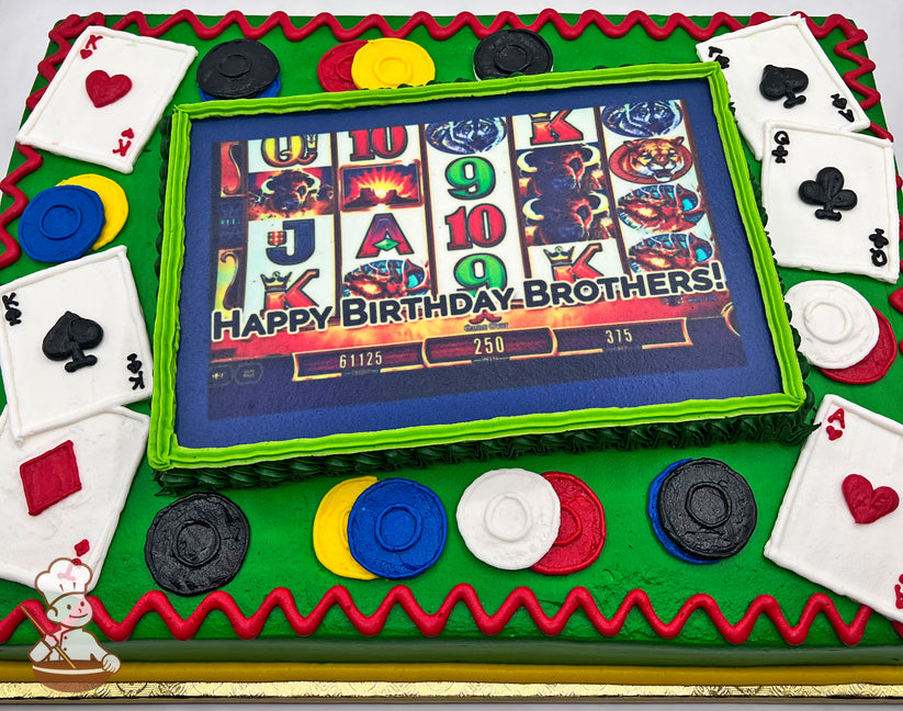 Sheet cake with green canvas, decorated with buttercream playing cards and poker chips. Cards show hearts, spades, clubs, diamonds. Chips in red, blue, yellow, black, white.