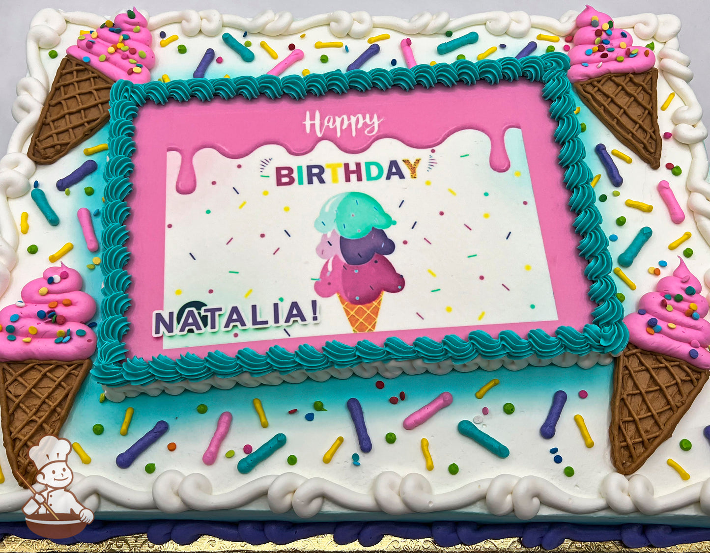 Sheet cake with a purple and teal buttercream border, decorated with ice cream cone designs in pink frosting, colorful sprinkles, and a printed photo layer.