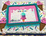 Sheet cake with a purple and teal buttercream border, decorated with ice cream cone designs in pink frosting, colorful sprinkles, and a printed photo layer.