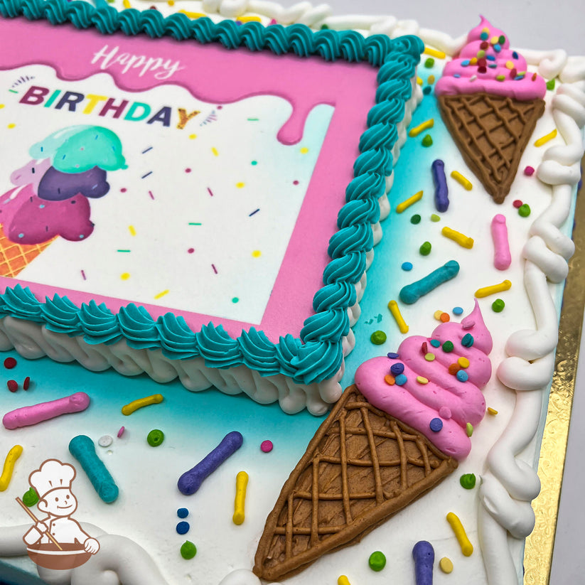 Sheet cake with a purple and teal buttercream border, decorated with ice cream cone designs in pink frosting, colorful sprinkles, and a printed photo layer.
