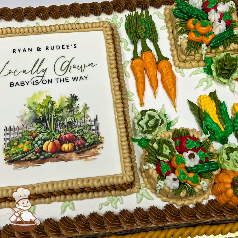 Sheet cake with buttercream decorations, featuring carrots, corn, pumpkins, lettuce, and baskets of vegetables. Brown and beige piped borders.