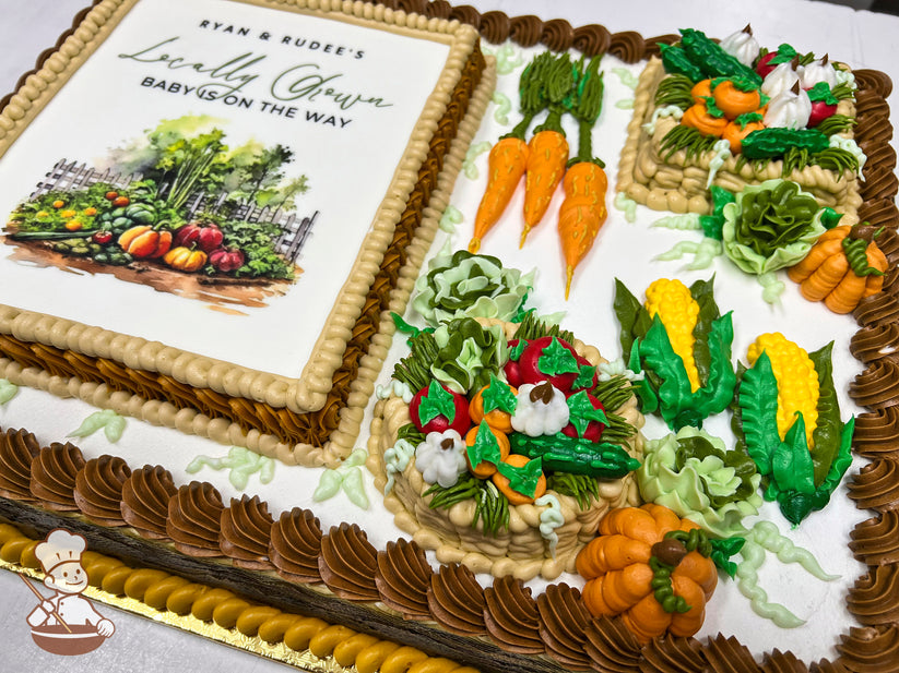 Sheet cake with buttercream decorations, featuring carrots, corn, pumpkins, lettuce, and baskets of vegetables. Brown and beige piped borders.