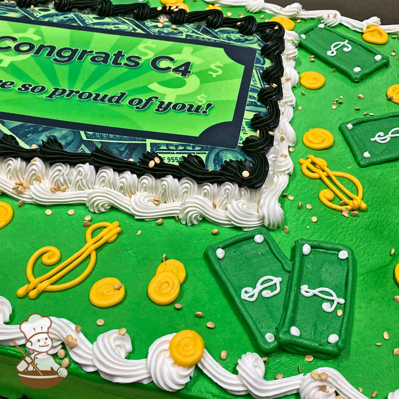 A green sheet cake with white and black piped borders, gold sprinkles, and buttercream decorations resembling dollar signs, coins, and bills.