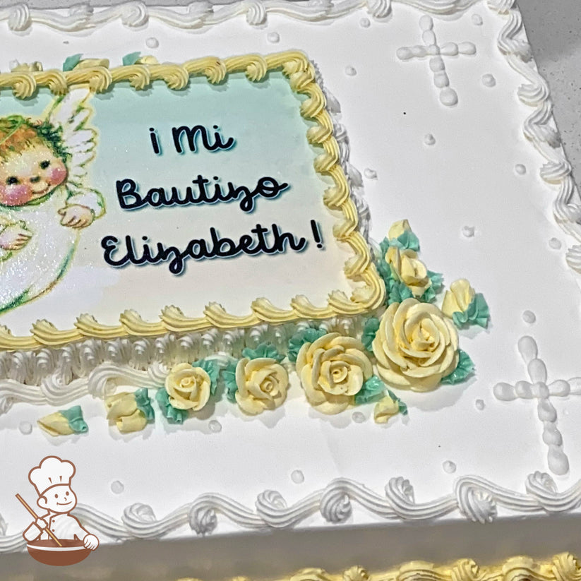 Sheet cake with white frosting, yellow with green buttercream roses, piped borders, and a beaded cross design in the corners.