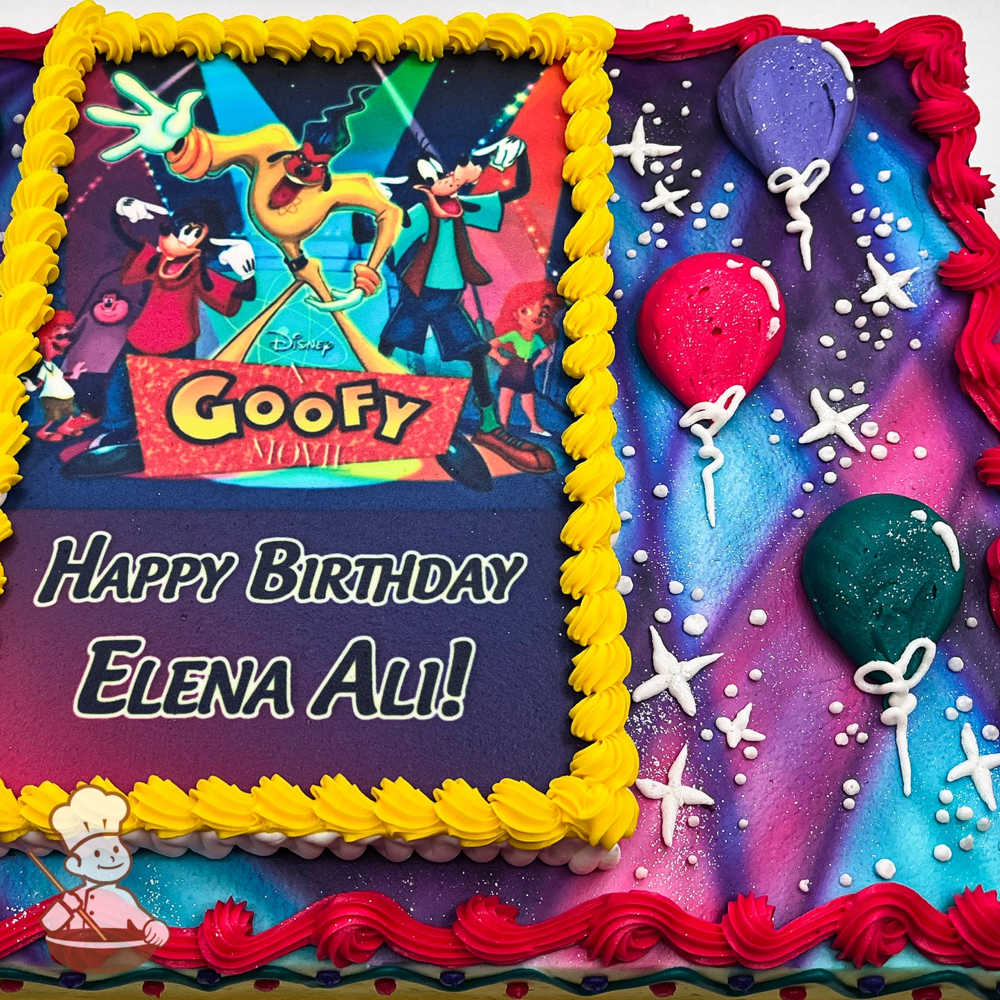 Colorful sheet cake with a printed image, surrounded by yellow buttercream border. Decorated with pink, purple, and green balloons, and white star shapes.