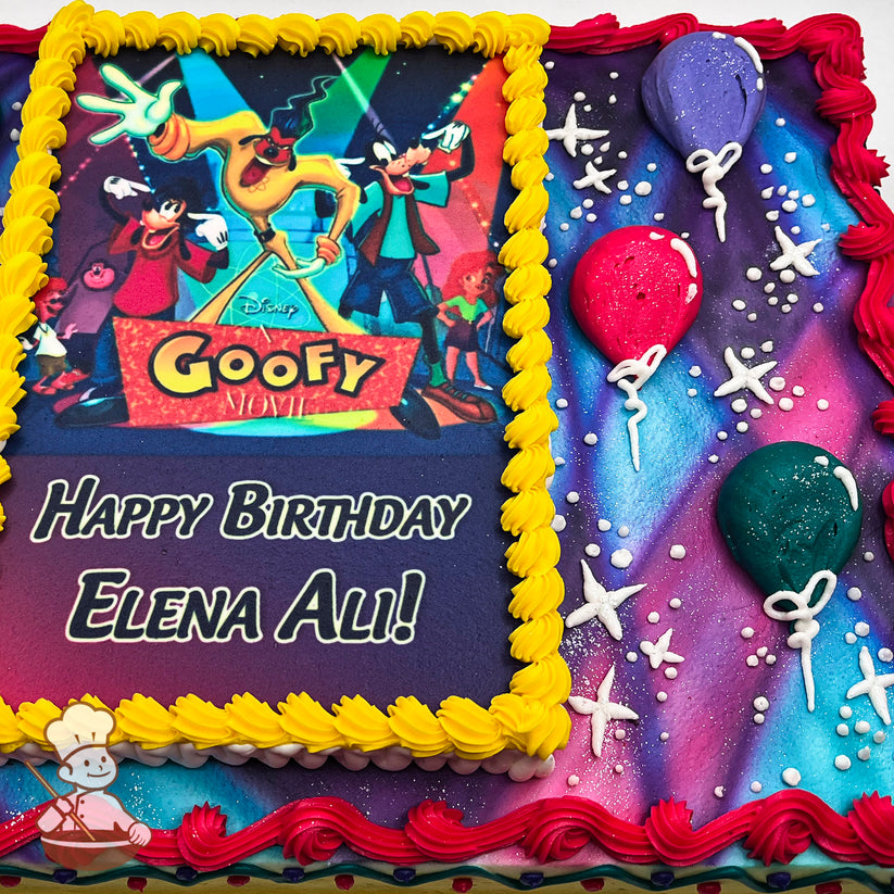 Colorful sheet cake with a printed image, surrounded by yellow buttercream border. Decorated with pink, purple, and green balloons, and white star shapes.