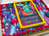 Colorful sheet cake with a printed image, surrounded by yellow buttercream border. Decorated with pink, purple, and green balloons, and white star shapes.