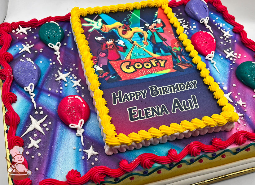 Colorful sheet cake with a printed image, surrounded by yellow buttercream border. Decorated with pink, purple, and green balloons, and white star shapes.