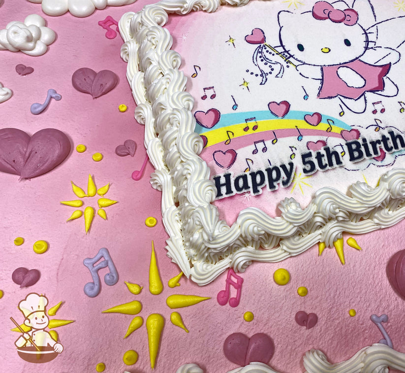 Pink sheet cake with white buttercream borders, decorated with piped hearts, sparkles, music notes, and clouds in pastel colors.