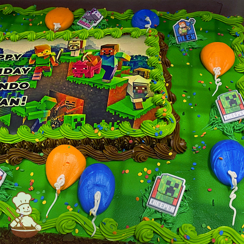 Sheet cake with green buttercream borders, colorful sprinkles, orange and blue balloon decorations, and plastic Minecraft-themed toppers.