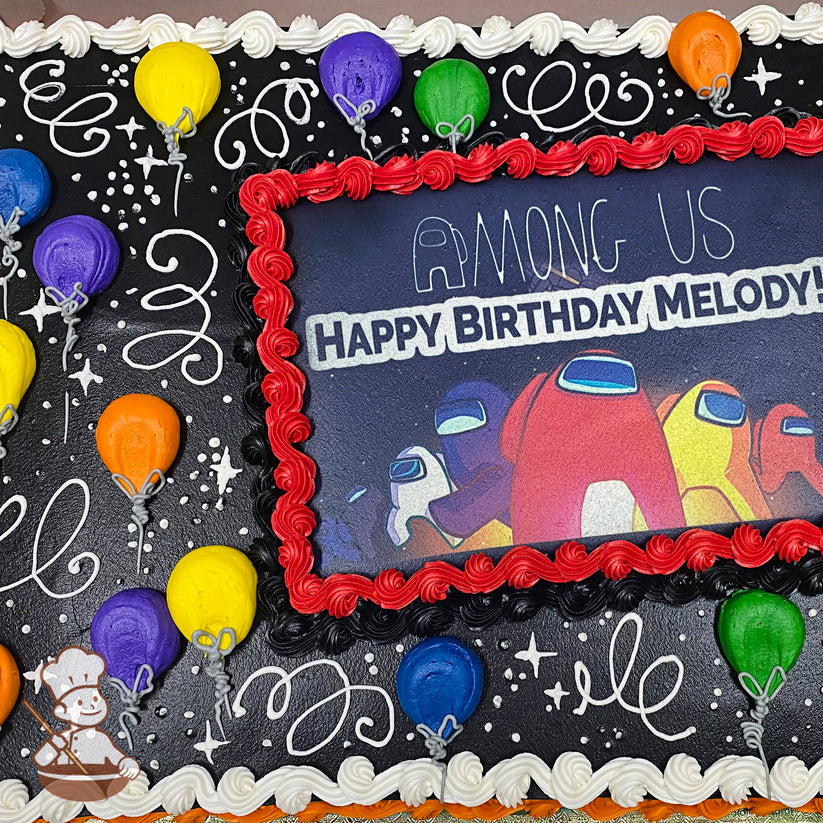 Sheet cake with colorful buttercream balloons, white swirls, and stars on a black background. Red border surrounds a central printed image.