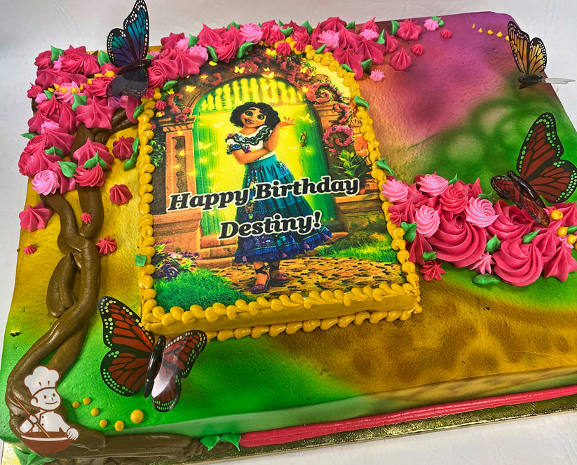 Sheet cake with colorful buttercream rosettes, hand-piped tree with flowers, and plastic butterflies. Bright, vibrant design surrounds a central image.