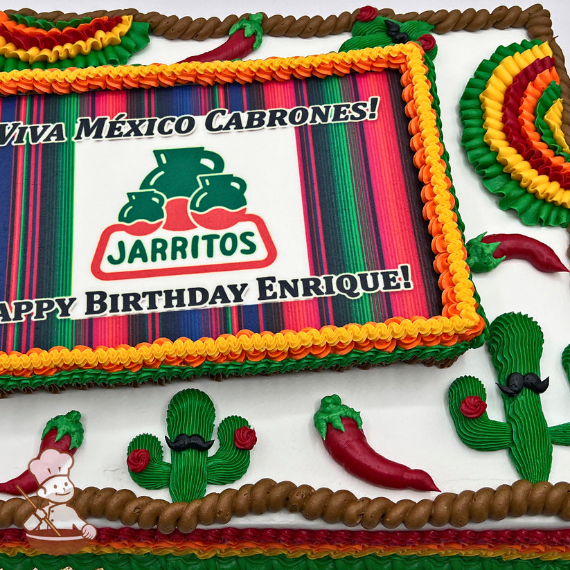 Sheet cake with colorful buttercream ruffles, hand-piped cacti with mustaches, red chili peppers, and brown icing borders.