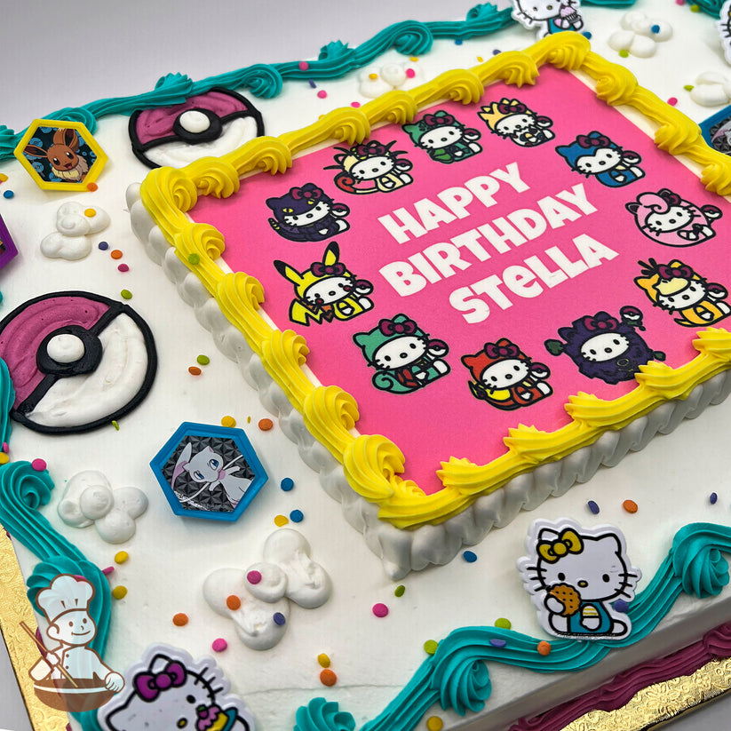 Sheet cake with a pink center featuring Hello Kitty and Pokémon characters, surrounded by yellow buttercream borders, Poké Ball designs, plastic character rings, and colorful sprinkles.