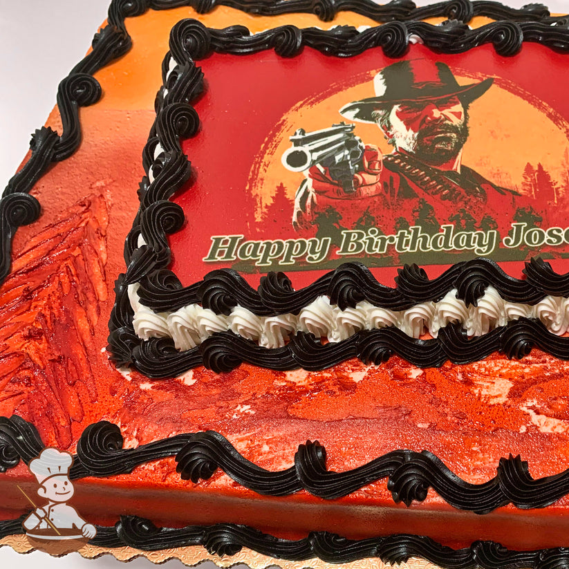 Sheet cake with black buttercream swirl trims, red and orange background, and a hand-piped red forest design.
