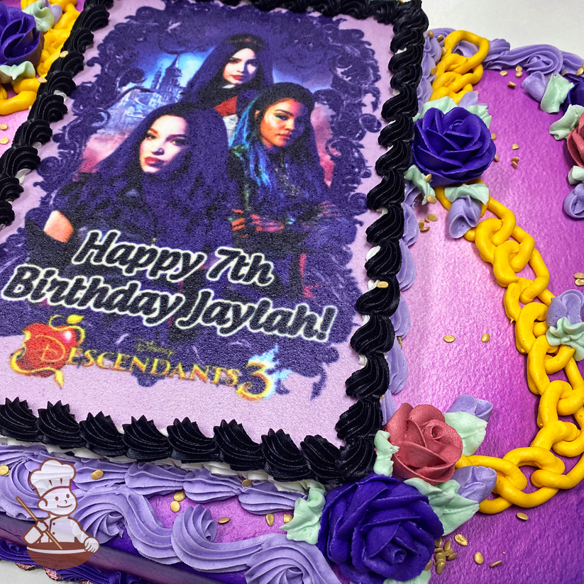 Sheet cake with purple and yellow buttercream decorations, featuring purple and pink roses, a yellow chain design, and a black border around a printed photo layer.