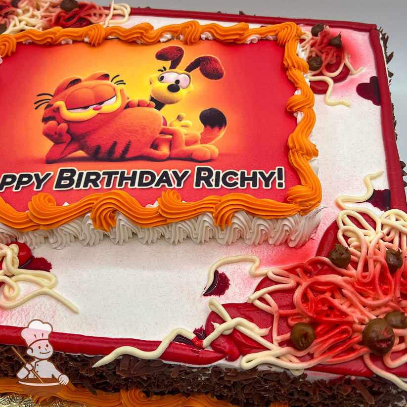 Sheet cake with a printed photo layer framed by orange and white buttercream swirls, decorated with buttercream noodles, red sauce, and meatballs.