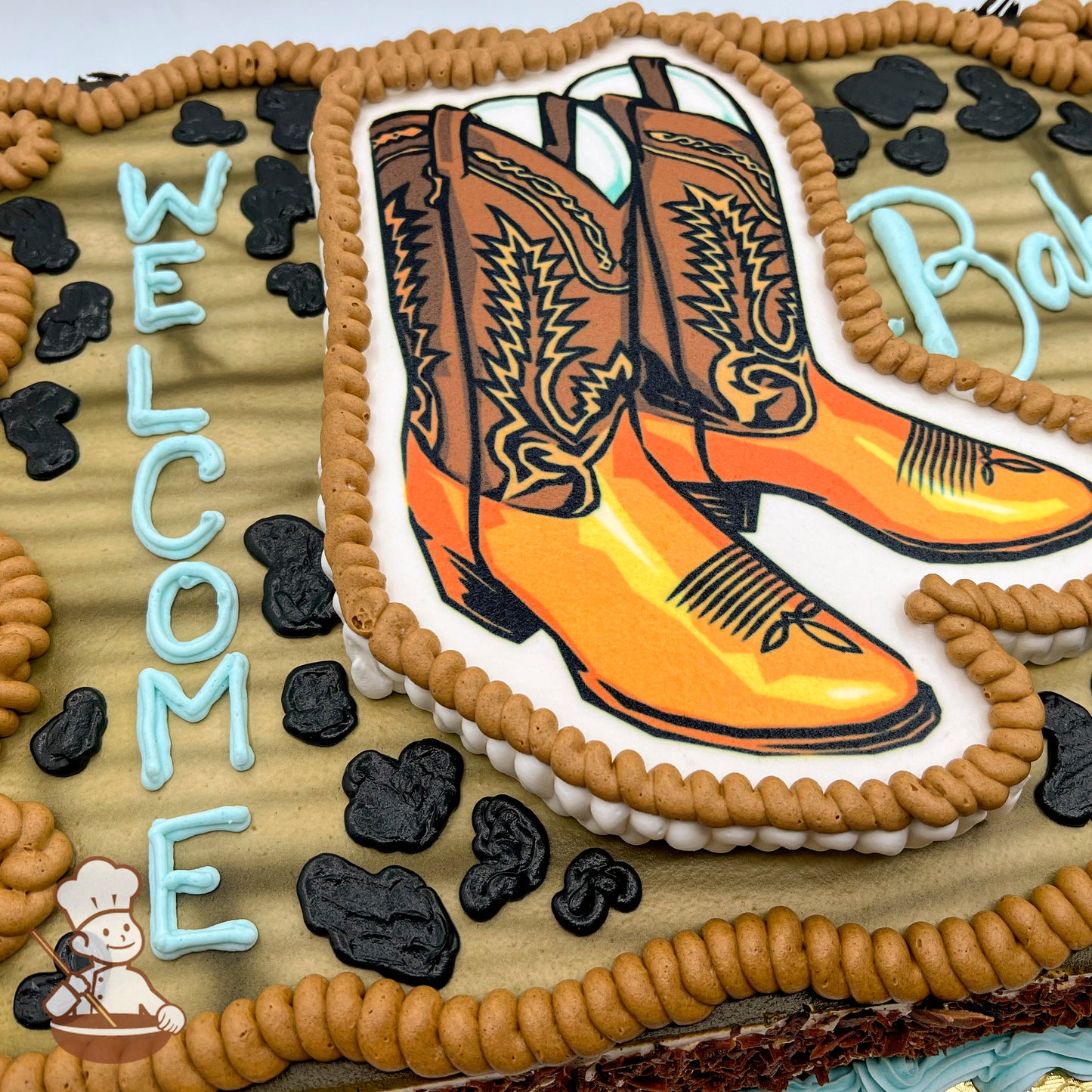Sheet cake with a cowboy boot cutout design, featuring detailed orange and brown boots, black buttercream accents resembling cow spots, and brown piped borders.