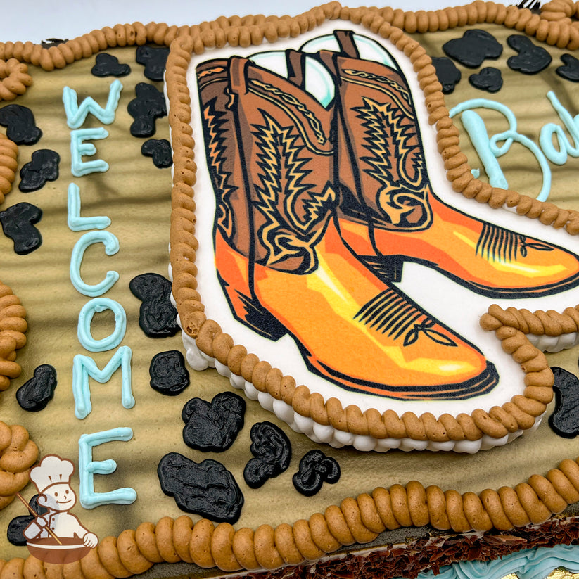 Sheet cake with a cowboy boot cutout design, featuring detailed orange and brown boots, black buttercream accents resembling cow spots, and brown piped borders.