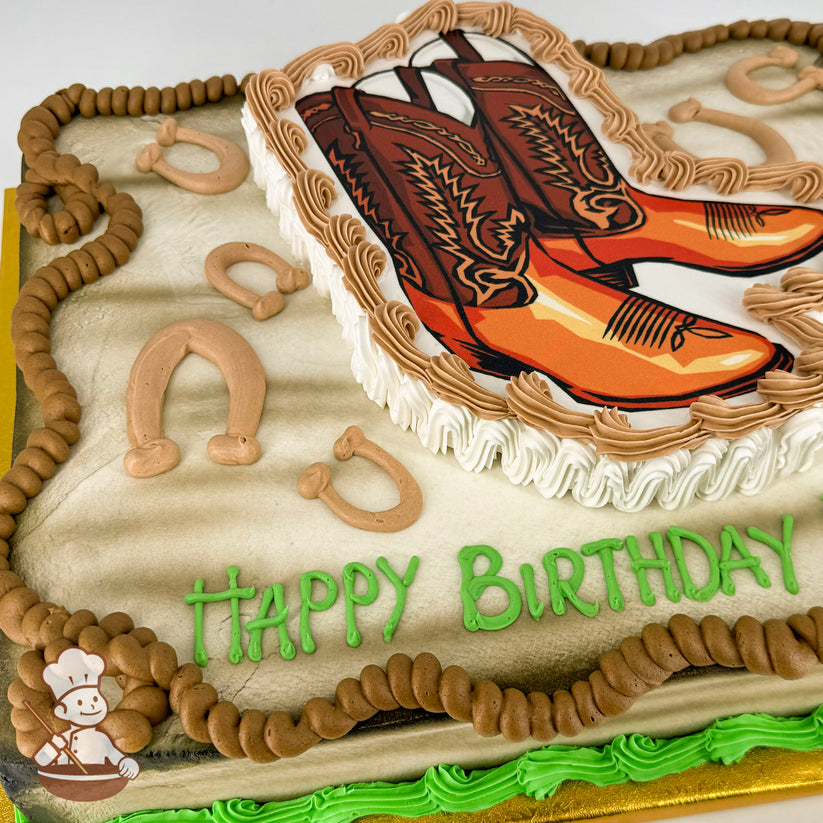 Sheet cake with buttercream decorations, featuring a cowboy boots cutout framed by piped frosting, horseshoe designs, and a rope border.