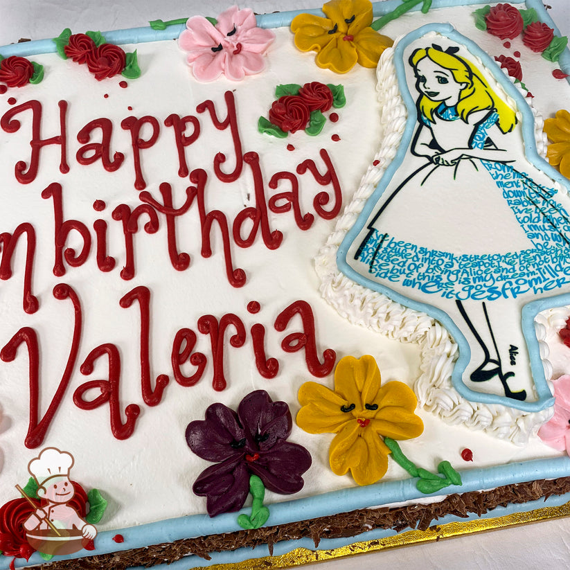 Sheet cake with an Alice in Wonderland cutout, surrounded by buttercream smiley flowers in yellow, purple, pink, and red, with green leaves.