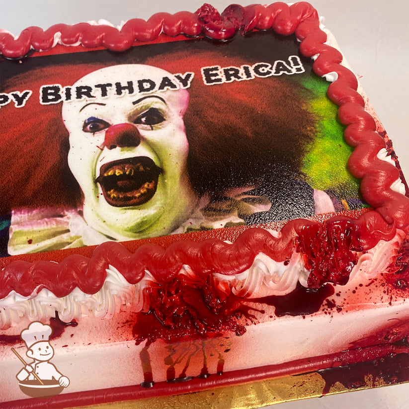 Sheet cake with red and white buttercream borders, dripping blood effect, and a printed photo layer.