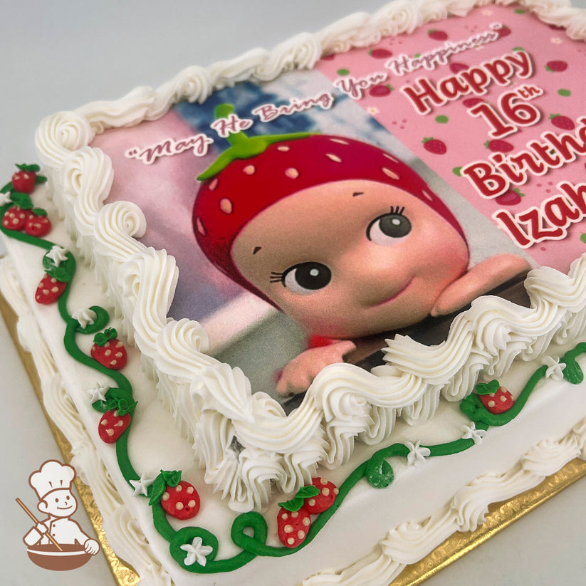 Sheet cake with white buttercream swirl trims, green vines, and piped red strawberries.