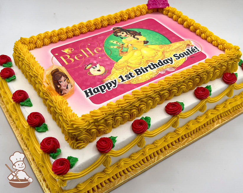 Sheet cake with yellow buttercream borders, red buttercream rose decorations with green leaves, and a printed photo layer featuring a princess theme.