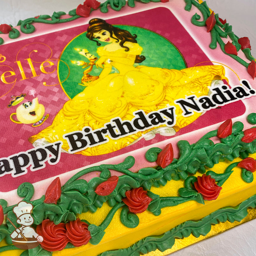 Sheet cake with a printed photo layer, bordered by green buttercream vines, red swirlette roses, and rosebud decorations.