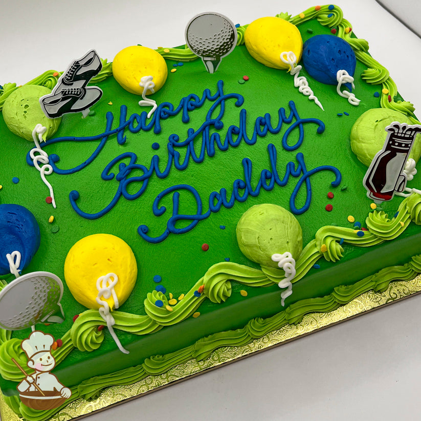 Sheet cake with green frosting, colorful balloon decorations, and plastic golf-themed toppers, including a golf shoe, ball, and bag.