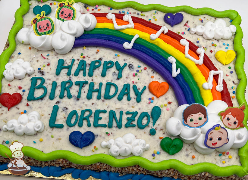 Sheet cake with a buttercream rainbow, musical notes, and clouds. Features plastic Cocomelon characters, buttercream hearts, and colorful sprinkles.