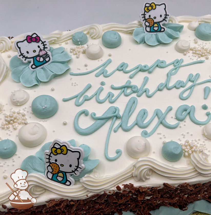 Sheet cake with buttercream petals, blue and white dollops, pearl sprinkles, and plastic Hello Kitty toys with swirl trims.