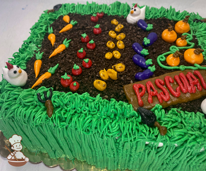 Sheet cake decorated as a garden with buttercream grass, dirt made of cake crumbs, rows of vegetables like carrots, tomatoes, and pumpkins, and small chicken figures.