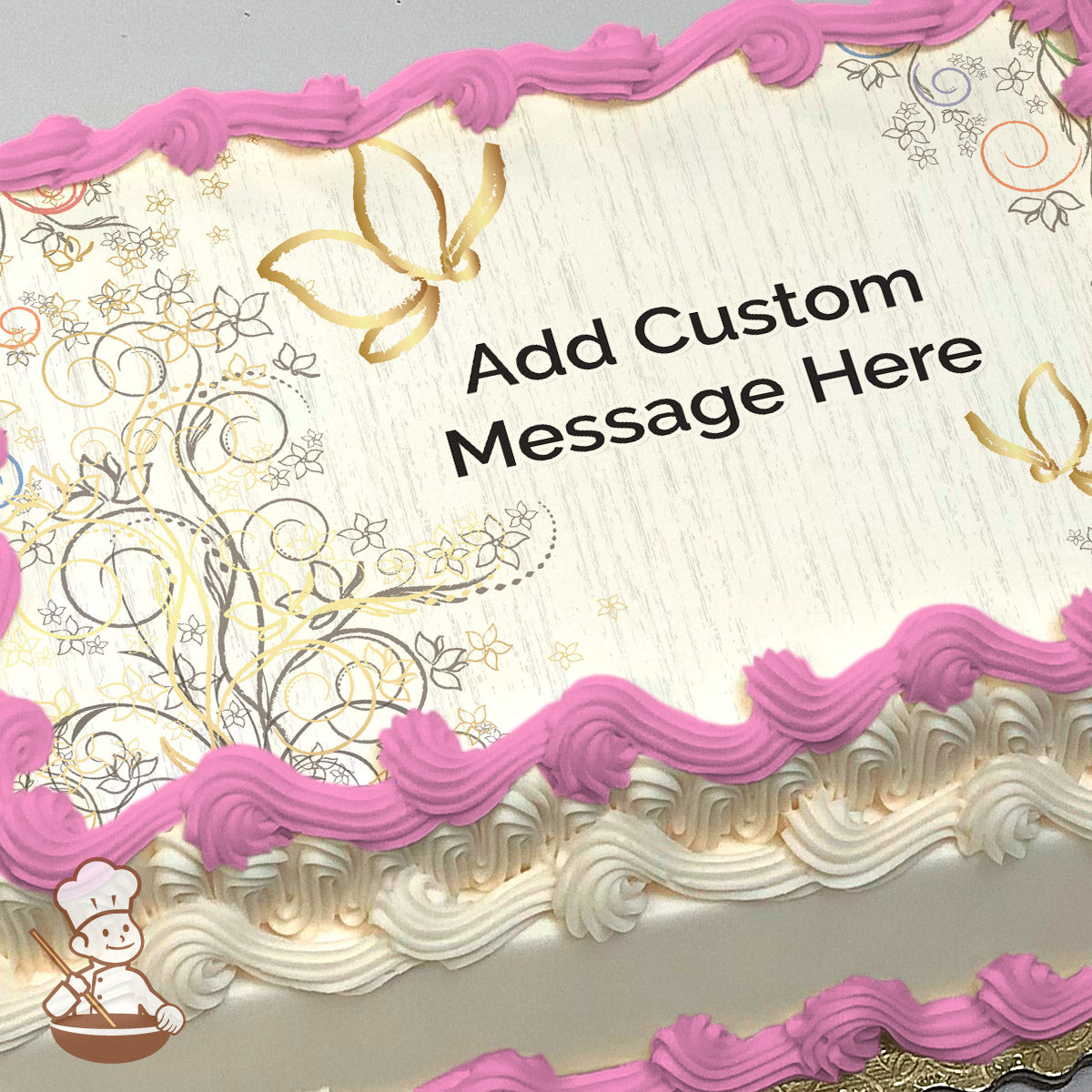 A delicate illustration of gold and gray floral swirls with butterflies on a textured white background, printed on a photo sheet cake.