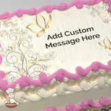 A delicate illustration of gold and gray floral swirls with butterflies on a textured white background, printed on a photo sheet cake.