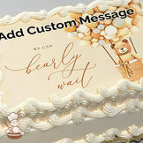 A cartoon teddy bear in a hot air balloon made of beige and white balloons, with cursive text reading "We can bearly wait" on a cream background, printed on a sheet cake.