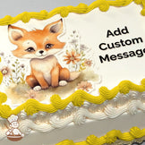 A cartoon illustration of a cute orange fox sitting on grass, surrounded by colorful flowers. The image is printed on a photo sheet cake.