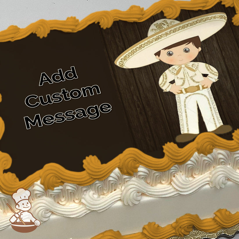 Cartoon boy in a white charro suit and sombrero stands on a dark wooden background. Image printed on a photo sheet cake.