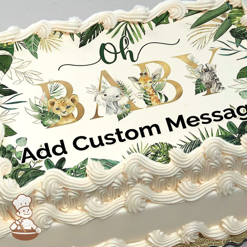 Illustration of a baby lion, elephant, giraffe, and zebra surrounded by green tropical leaves with the text "Oh BABY" printed on a photo sheet cake.