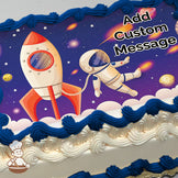 A cartoon rocket and astronaut floating in space with stars, planets, and comets in a purple sky background, printed on a photo sheet cake.