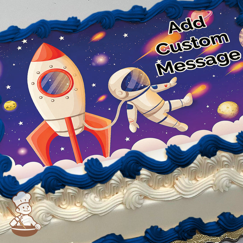 A cartoon rocket and astronaut floating in space with stars, planets, and comets in a purple sky background, printed on a photo sheet cake.