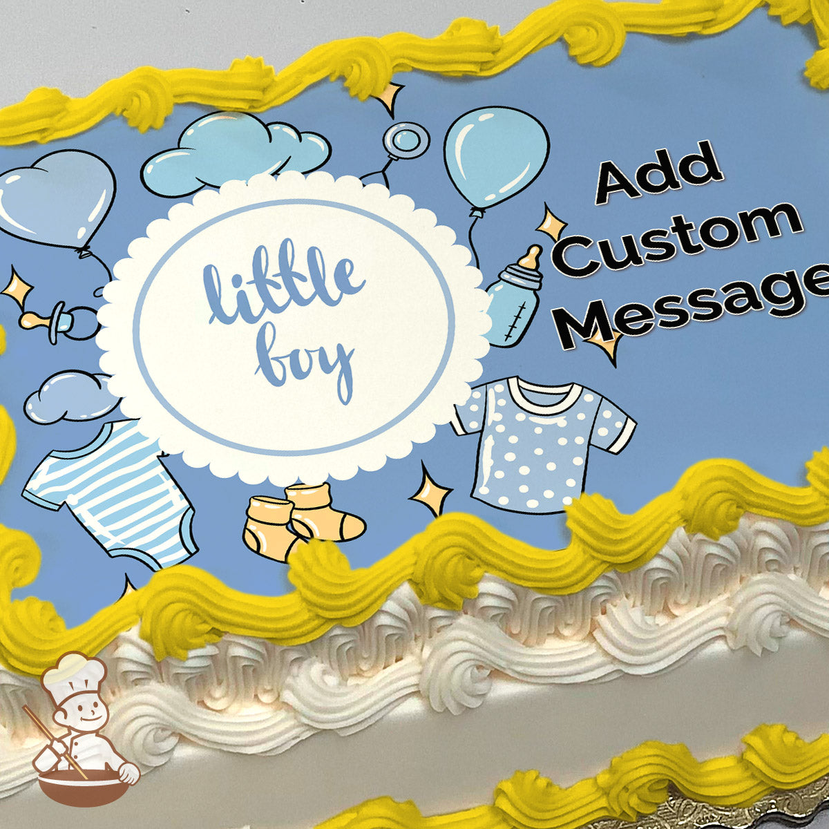 Blue illustration with baby-themed items like onesies, socks, pacifiers, bottles, and balloons surrounding the text "little boy" on a sheet cake.