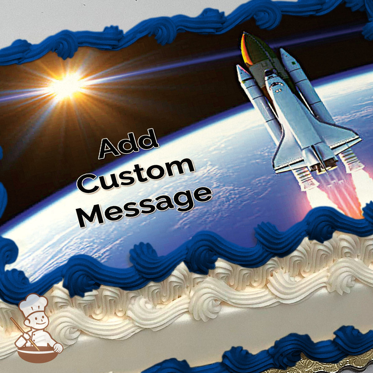 A space shuttle launching with fiery exhaust, set against Earth’s curvature and a glowing sunrise in space. Printed on a photo sheet cake.