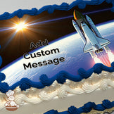 A space shuttle launching with fiery exhaust, set against Earth’s curvature and a glowing sunrise in space. Printed on a photo sheet cake.