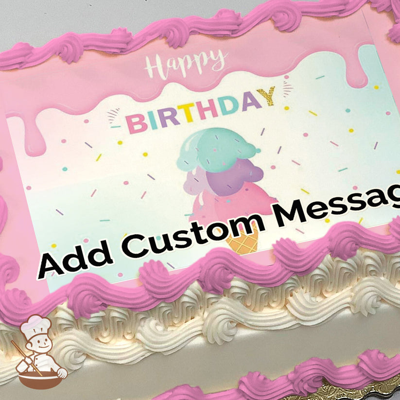 Illustration of a pastel-colored ice cream cone with three scoops surrounded by colorful sprinkles on a light gradient background. Printed on a sheet cake.