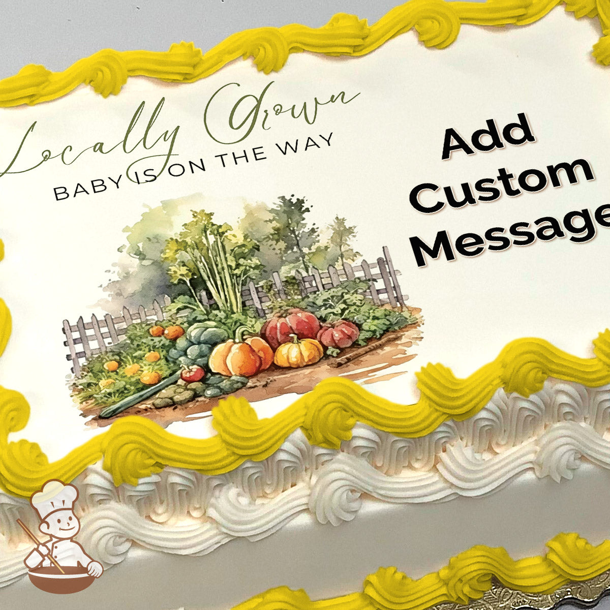 Illustration of a vegetable garden with pumpkins, squash, and greenery near a wooden fence, set against a soft, natural background. Printed on a sheet cake.