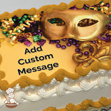 A gold masquerade mask surrounded by purple, green, and gold beads and ribbons on a yellow background. Printed on a sheet cake.