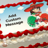 Cartoon girl in a colorful dress and hat with floral patterns, set against a blue sky with clouds. Printed on a photo sheet cake.