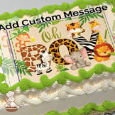 Cartoon jungle animals, including a monkey, zebra, elephant, tiger, giraffe, and lion, surround the text "Oh Boy!" on a beige background with green leaves. Printed on a sheet cake.