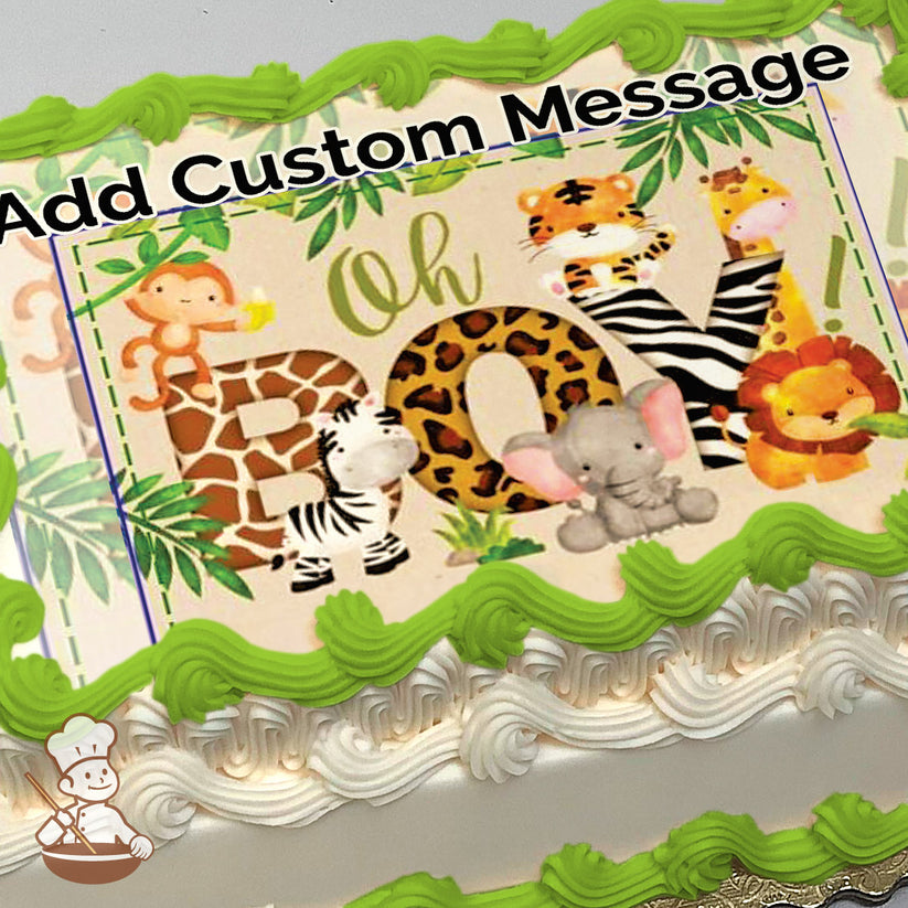 Cartoon jungle animals, including a monkey, zebra, elephant, tiger, giraffe, and lion, surround the text "Oh Boy!" on a beige background with green leaves. Printed on a sheet cake.